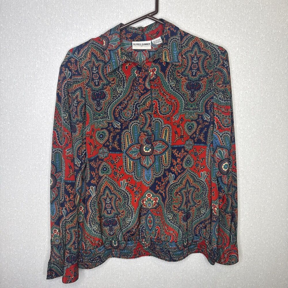 Alfred Dunner Womens Size 12 Red Paisley Floral Long Sleeve Blouse Elastic Waist